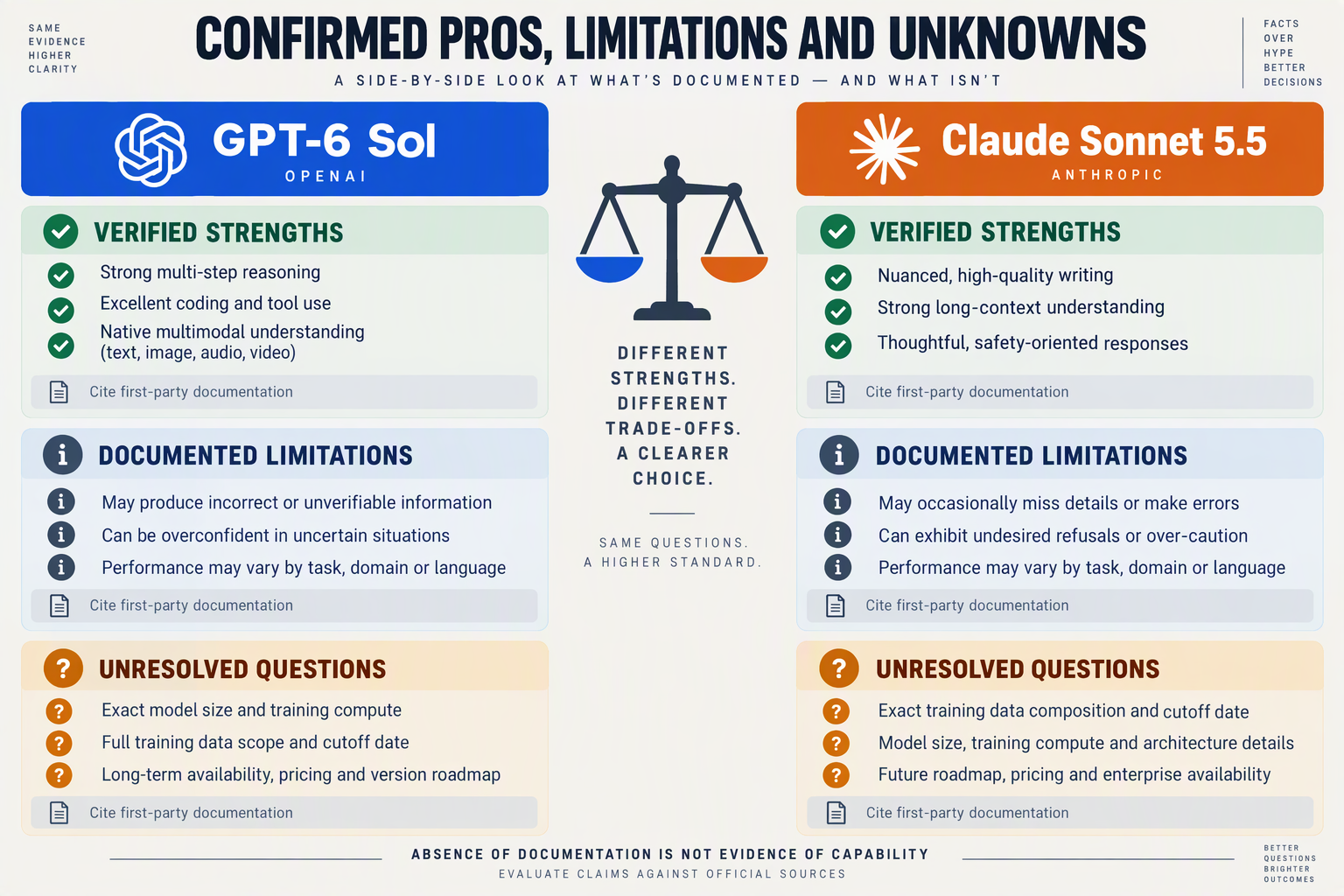 Design a balanced three-row comparison matrix headed CONFIRMED PROS, LIMITATIONS AND UNKNOWNS