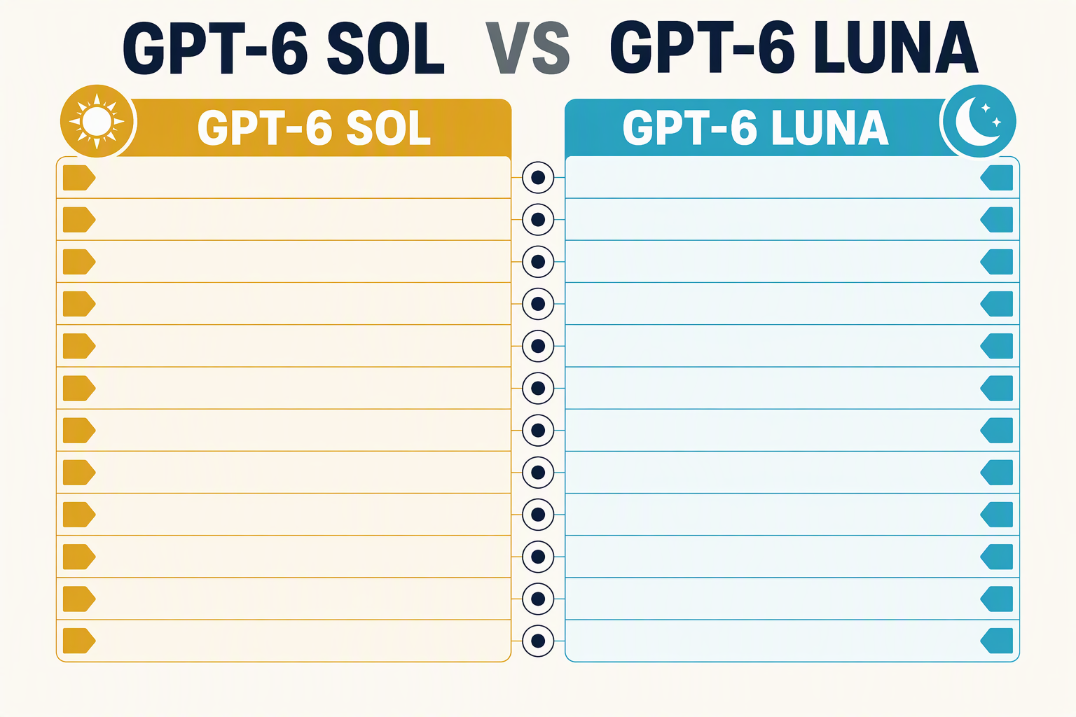 Create a detailed two-column comparison matrix titled GPT-6 SOL VS GPT-6 LUNA