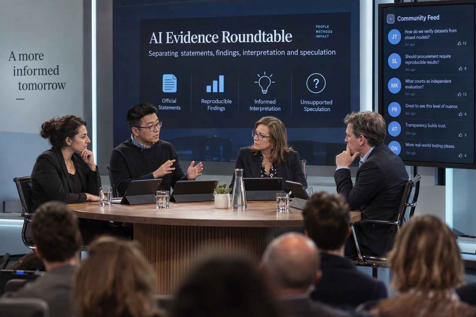 A moderated expert roundtable in a modern conference studio, with an AI researcher, software engineering lead, procurement