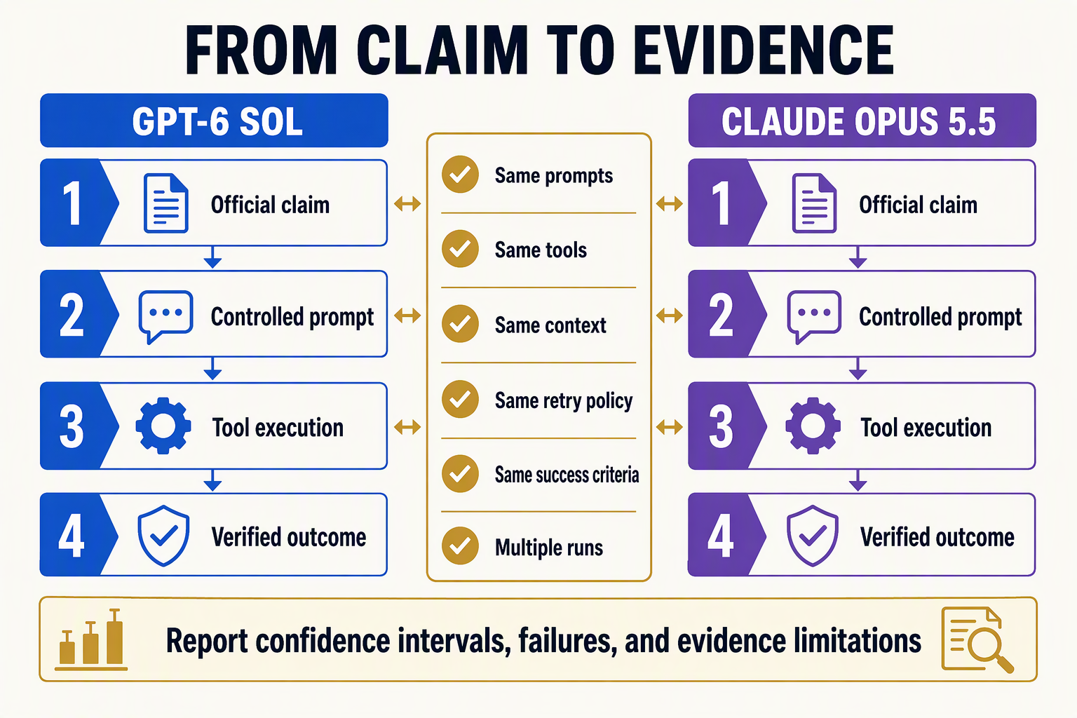 Build a mirrored laboratory-style evaluation infographic titled FROM CLAIM TO EVIDENCE