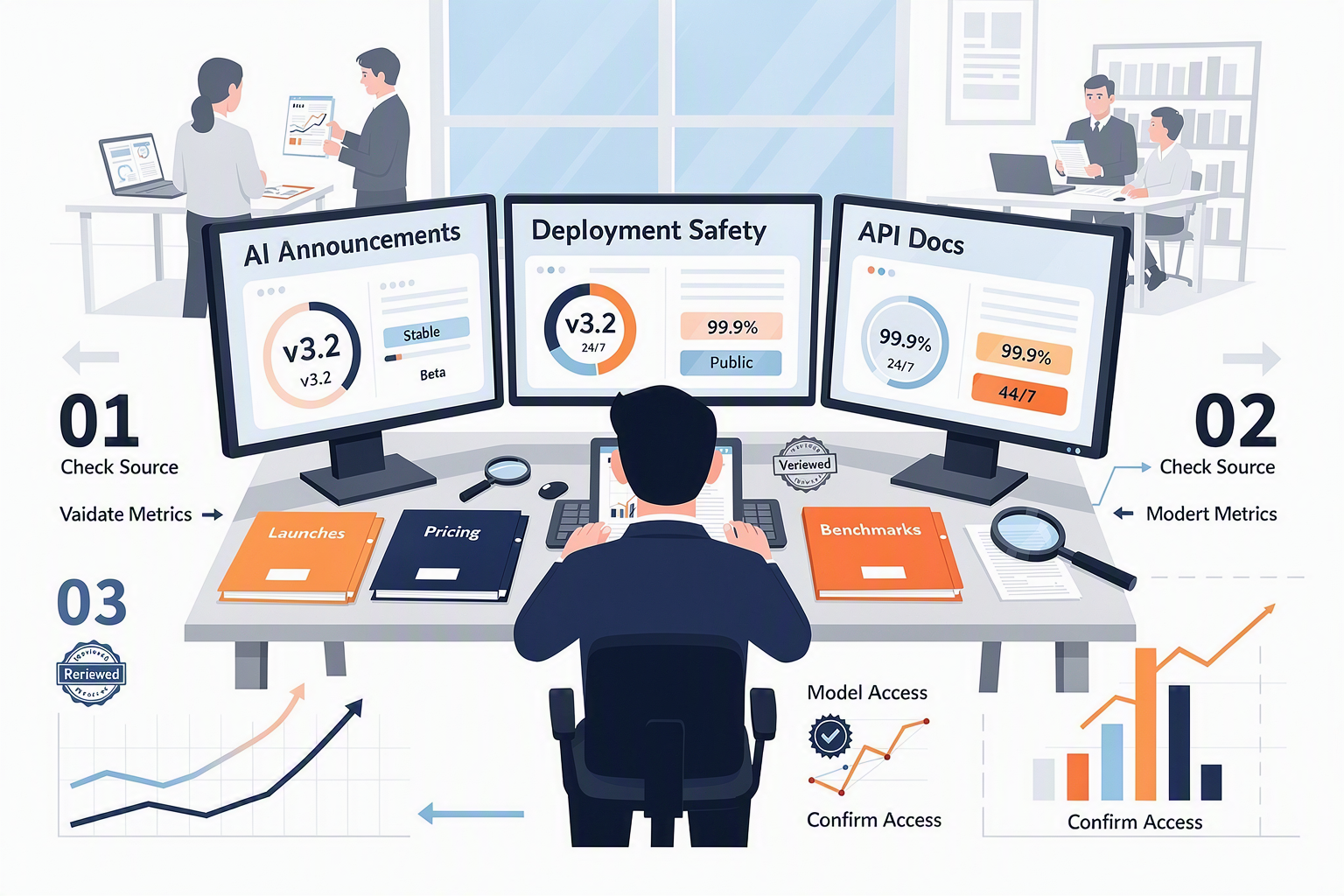 A bright technology reference library where a researcher reviews official AI announcements, deployment-safety documents and