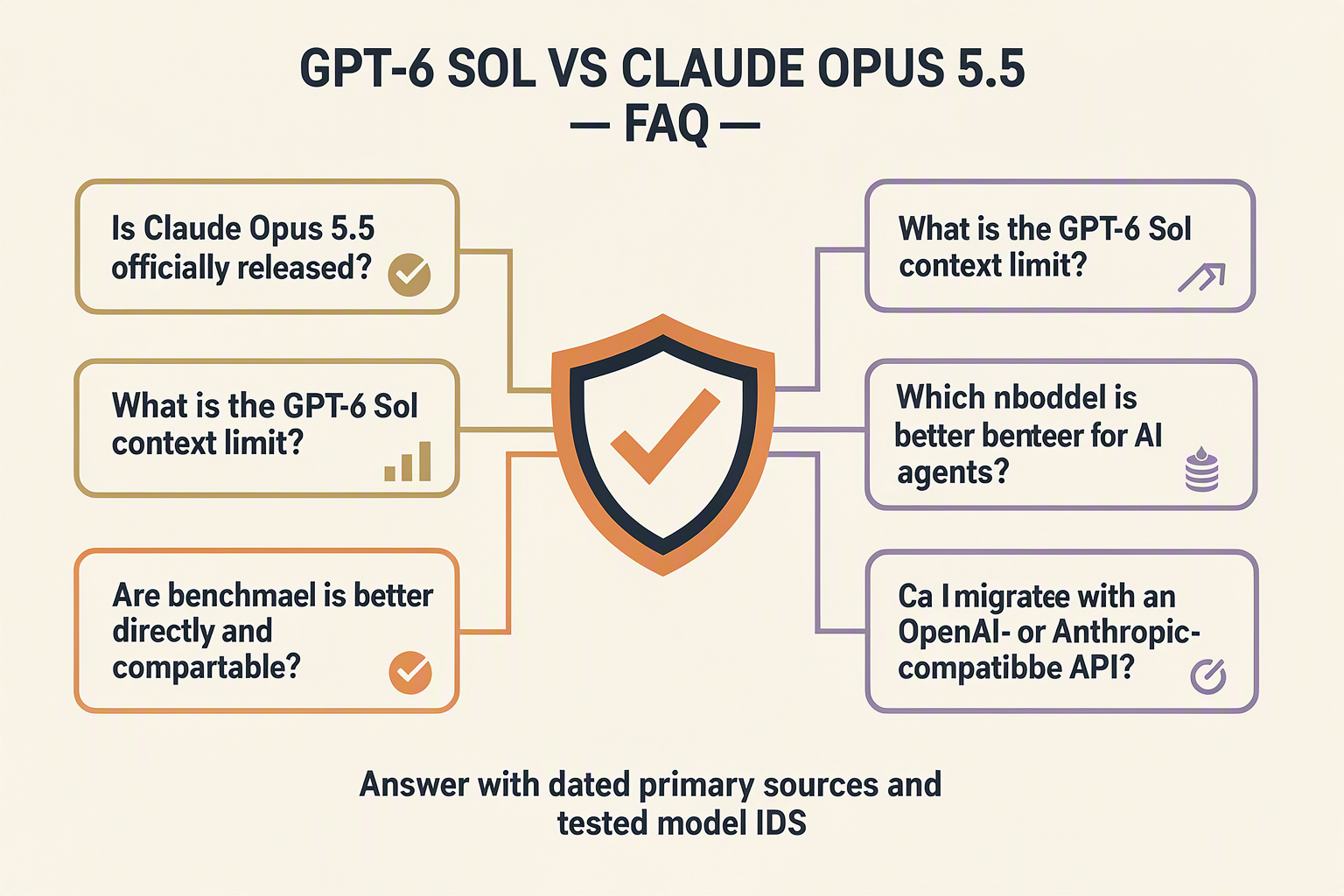 Create a two-column FAQ map titled GPT-6 SOL VS CLAUDE OPUS 5.5 — FAQ