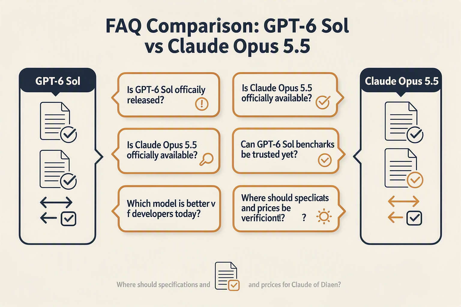 Design an FAQ infographic with two facing model panels labelled GPT-6 Sol and Claude Opus 5.5 surrounding five clean