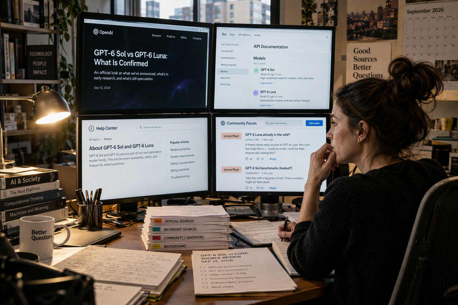 An investigative technology editor seated at a broad desk in a quiet newsroom, reviewing an official OpenAI announcement,