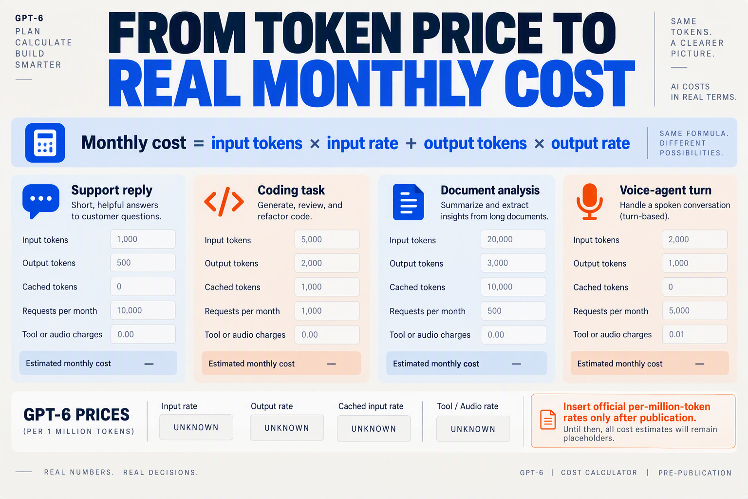 A token-cost calculator infographic titled FROM TOKEN PRICE TO REAL MONTHLY COST