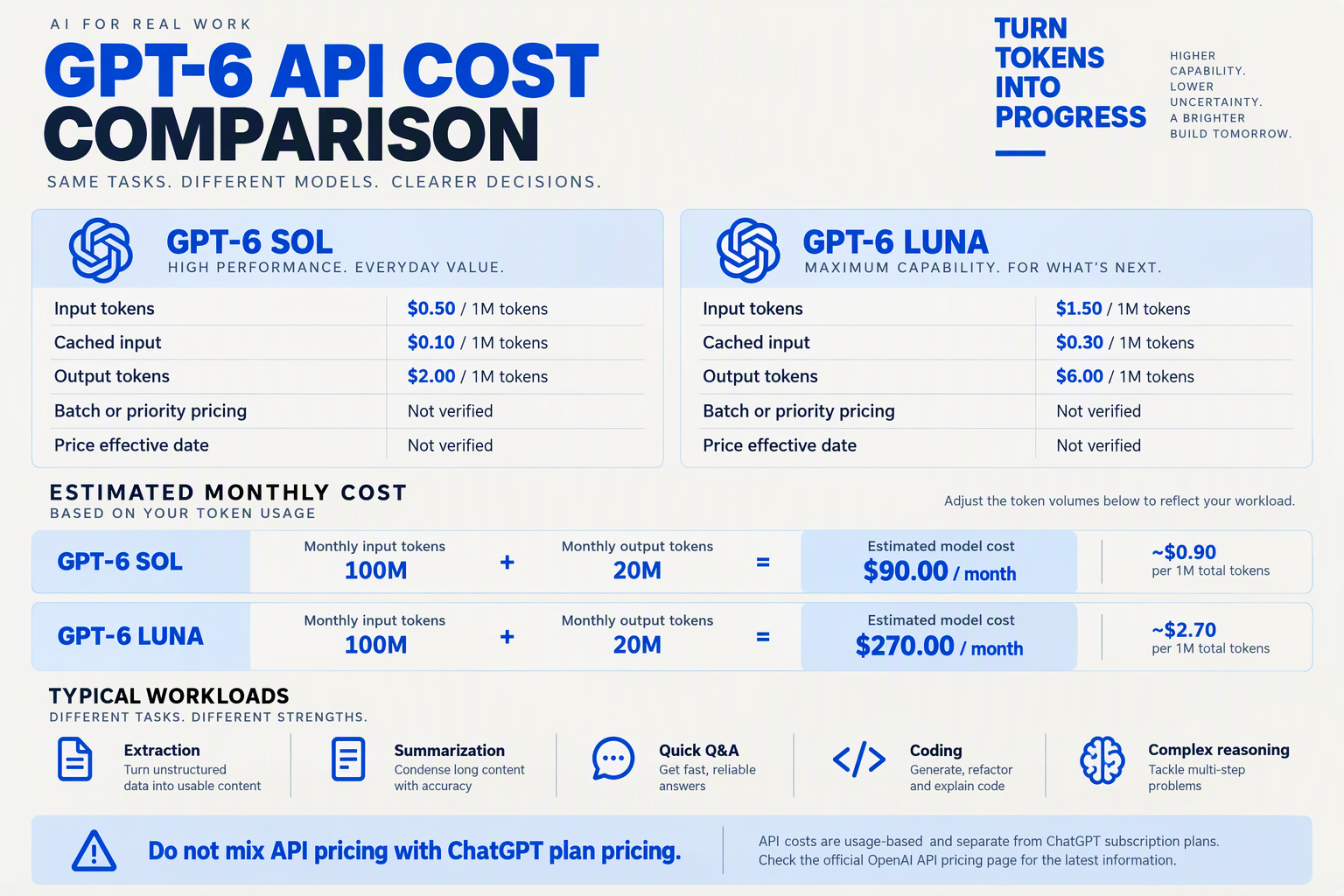 Design a side-by-side pricing and workload-cost infographic headed CURRENT API PRICING AND VALUE