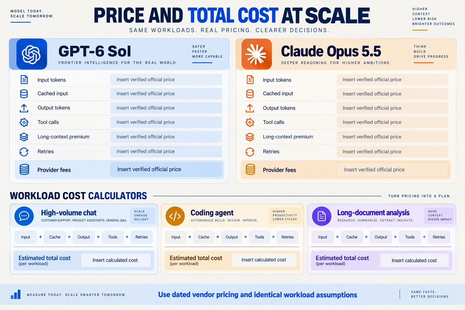 Create an enterprise cost-comparison worksheet with two vertical pricing cards labeled GPT-6 Sol and Claude Opus 5.5 beneath