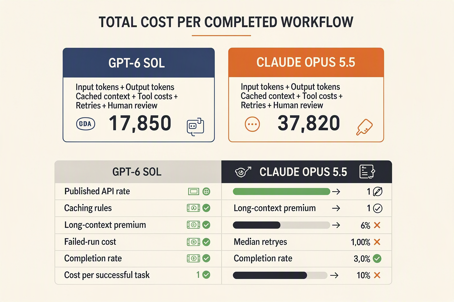 Create a head-to-head enterprise cost-model infographic titled TOTAL COST PER COMPLETED WORKFLOW