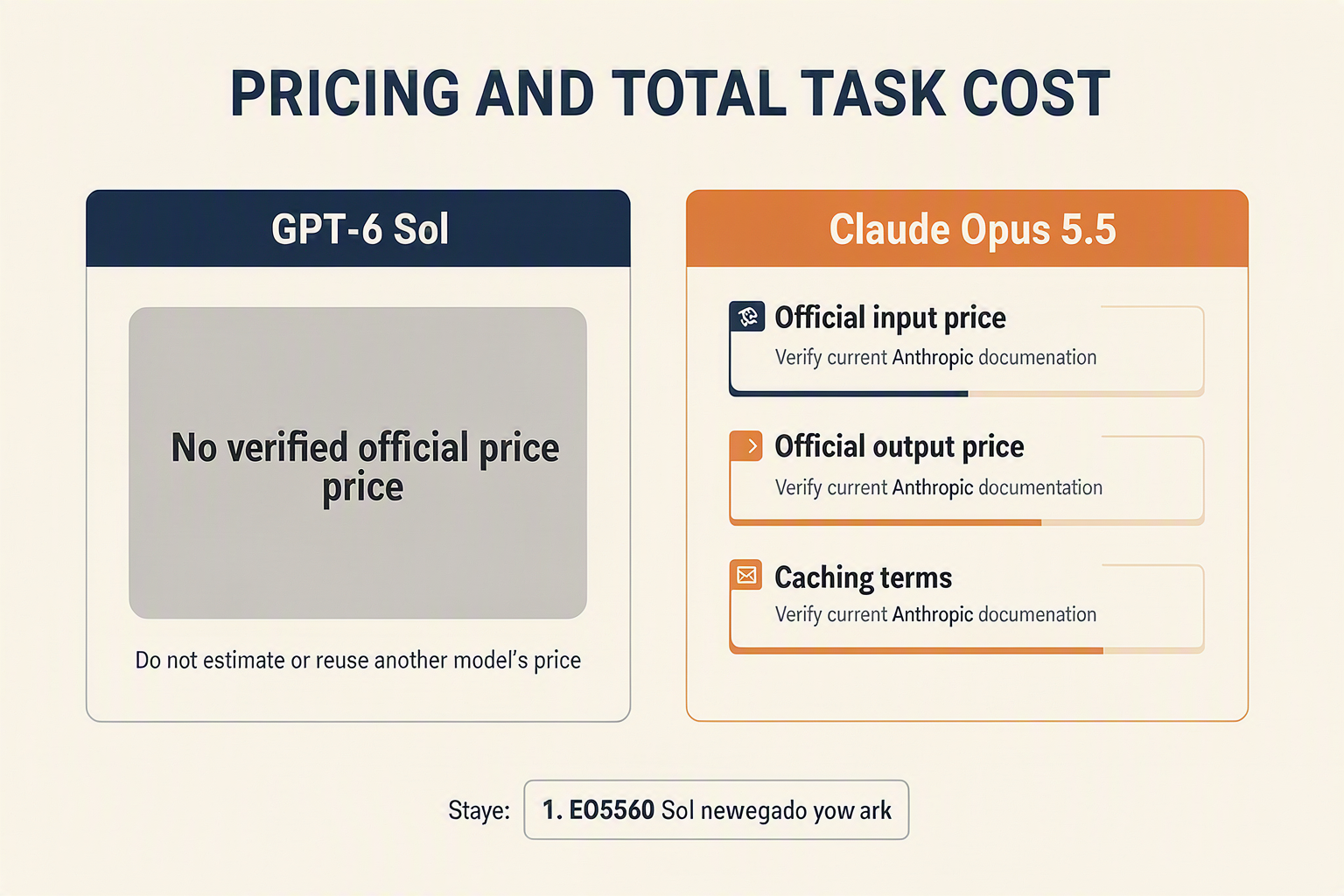 Design two side-by-side pricing cards titled PRICING AND TOTAL TASK COST with headers GPT-6 Sol and Claude Opus 5.5