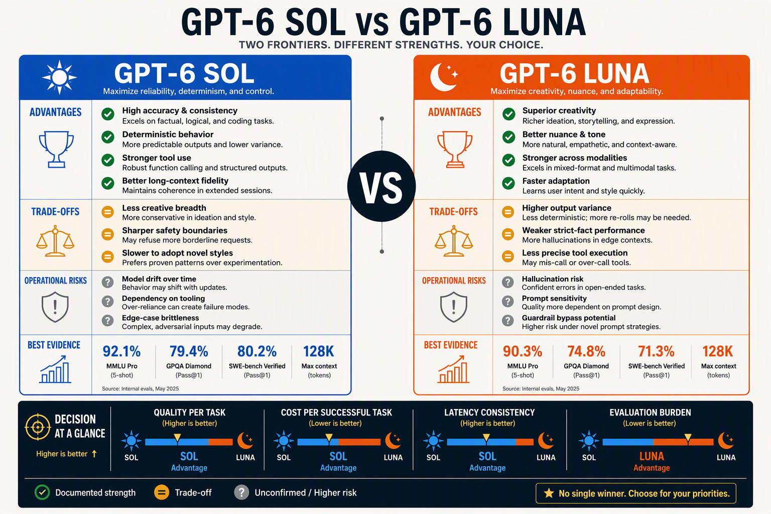Design a balanced pros-and-cons comparison with two tall columns labeled GPT-6 SOL and GPT-6 LUNA and a prominent VS circle