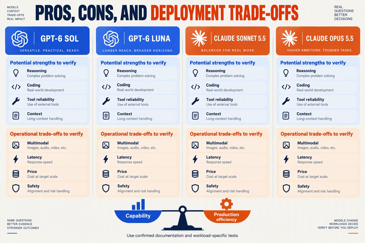 Build a balanced four-column advantages-and-trade-offs infographic titled PROS, CONS, AND DEPLOYMENT TRADE-OFFS