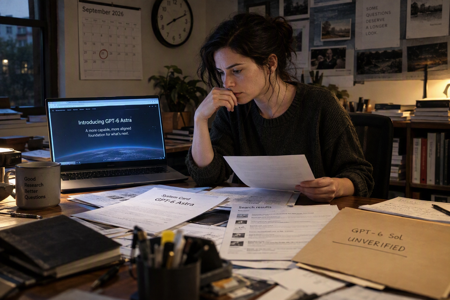 An investigative technology journalist seated at a large research table covered with carefully arranged source files, an