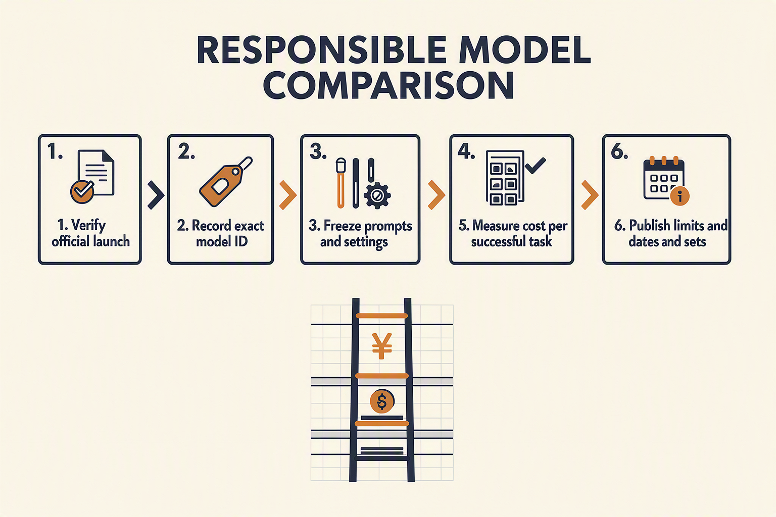 Illustrate a six-step evidence-led testing workflow titled RESPONSIBLE MODEL COMPARISON as a horizontal sequence of numbered