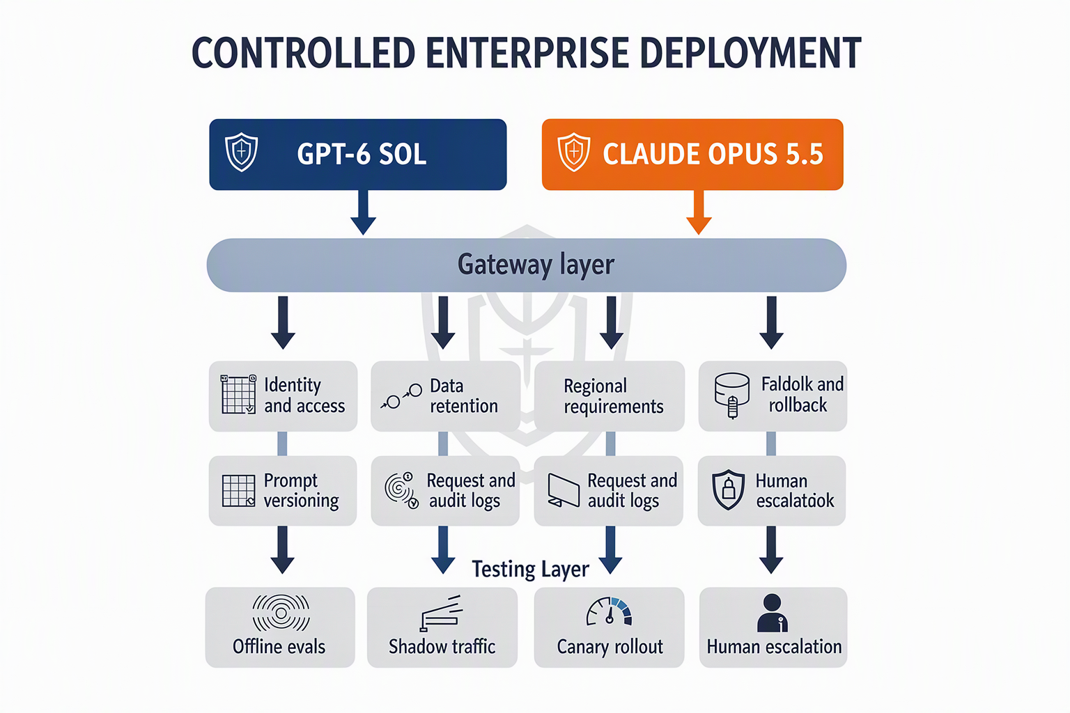Create a two-model enterprise deployment architecture infographic titled CONTROLLED ENTERPRISE DEPLOYMENT