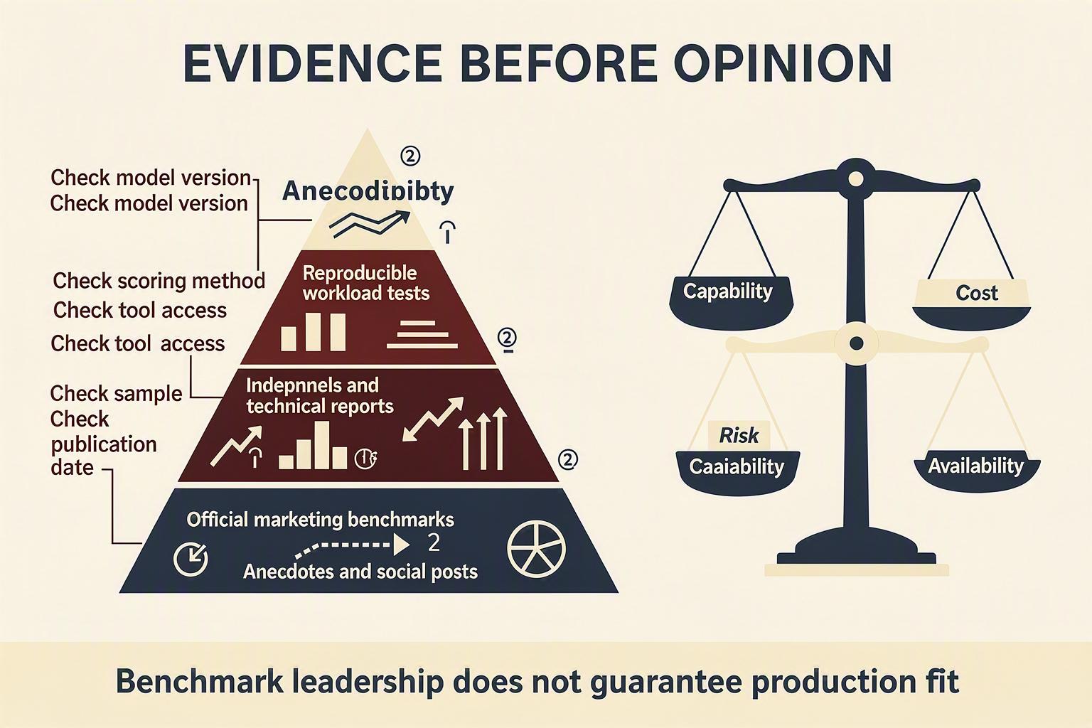 An evidence-pyramid infographic titled EVIDENCE BEFORE OPINION with five ascending layers labelled Reproducible workload