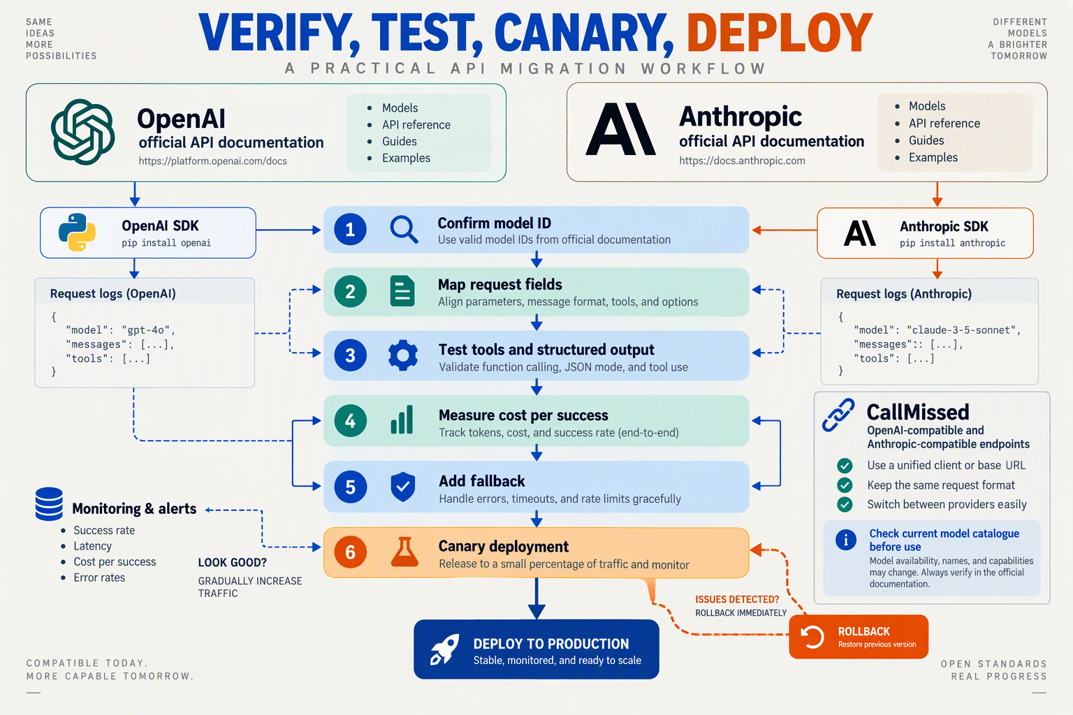 Illustrate a side-by-side API migration workflow titled VERIFY, TEST, CANARY, DEPLOY