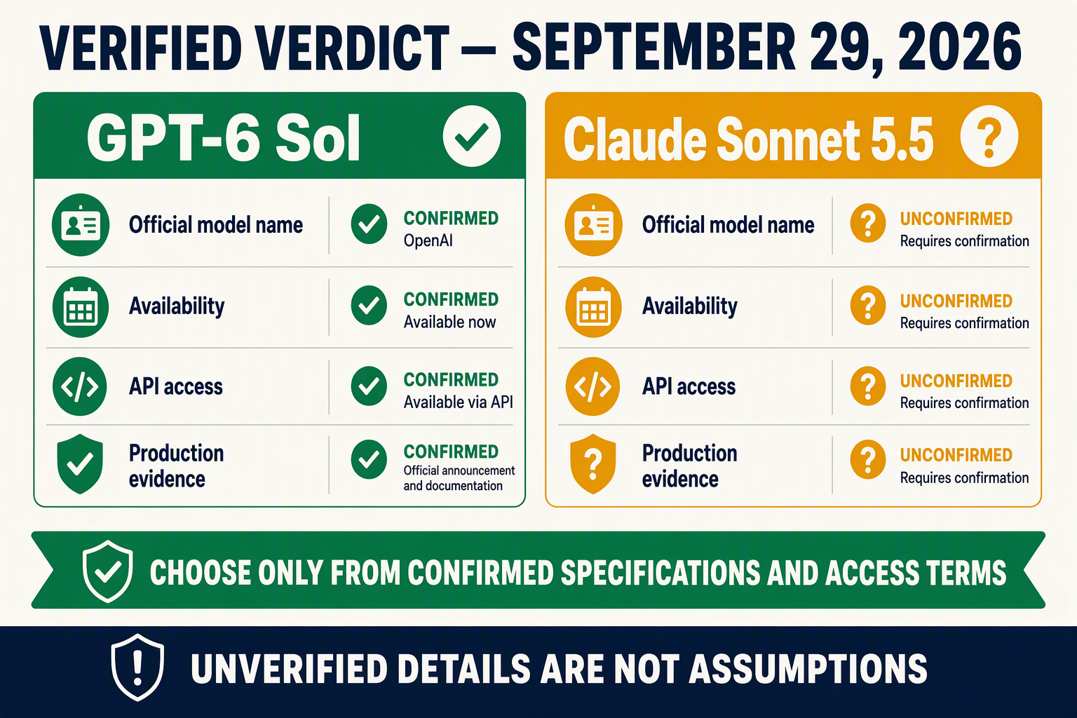 Design an answer-first split comparison infographic with two large cards labeled GPT-6 Sol and Claude Sonnet 5.5 beneath the