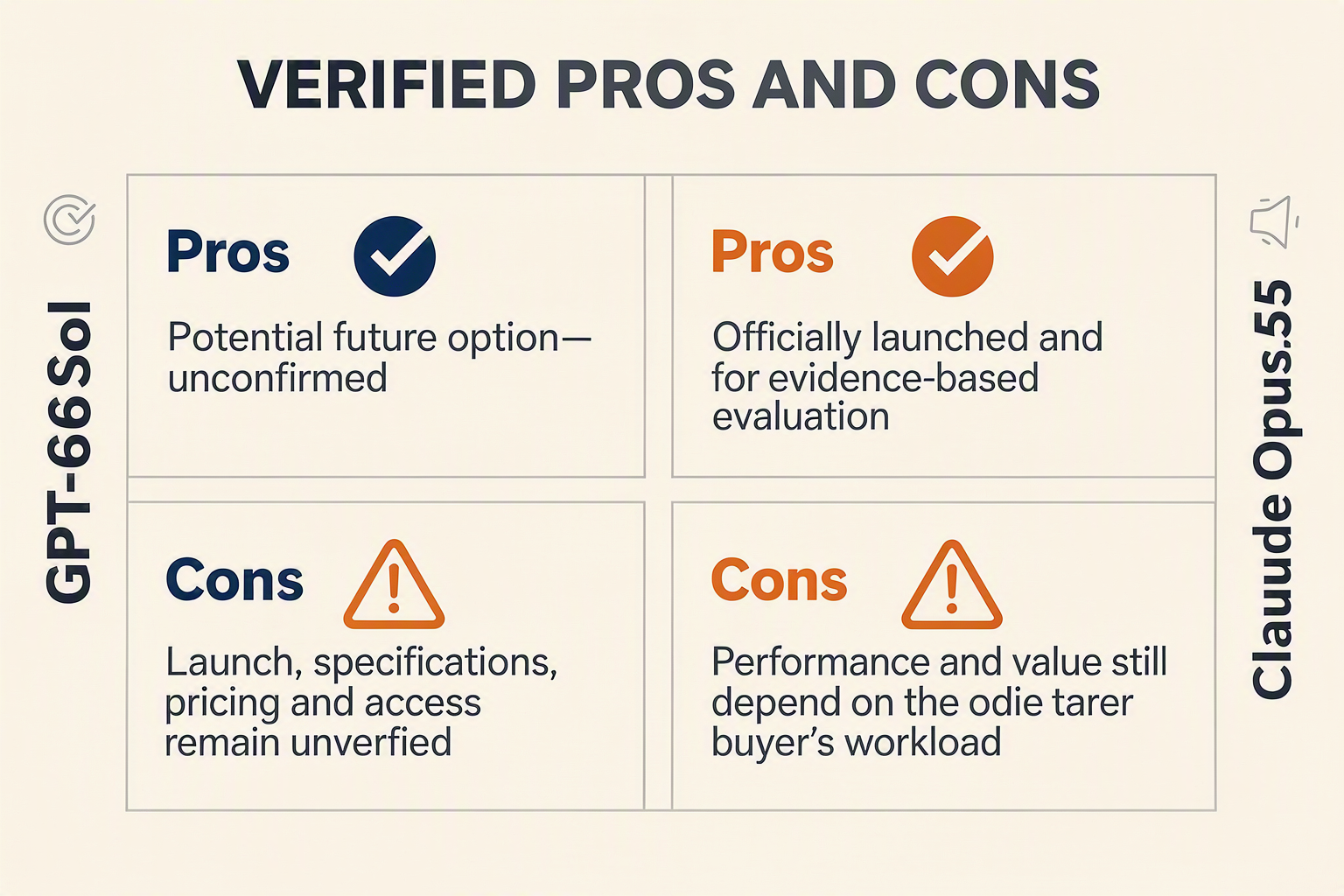 Create a balanced four-quadrant comparison board titled VERIFIED PROS AND CONS