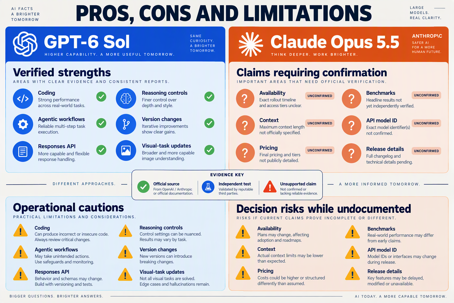 Create a balanced four-quadrant comparison board titled PROS, CONS AND LIMITATIONS