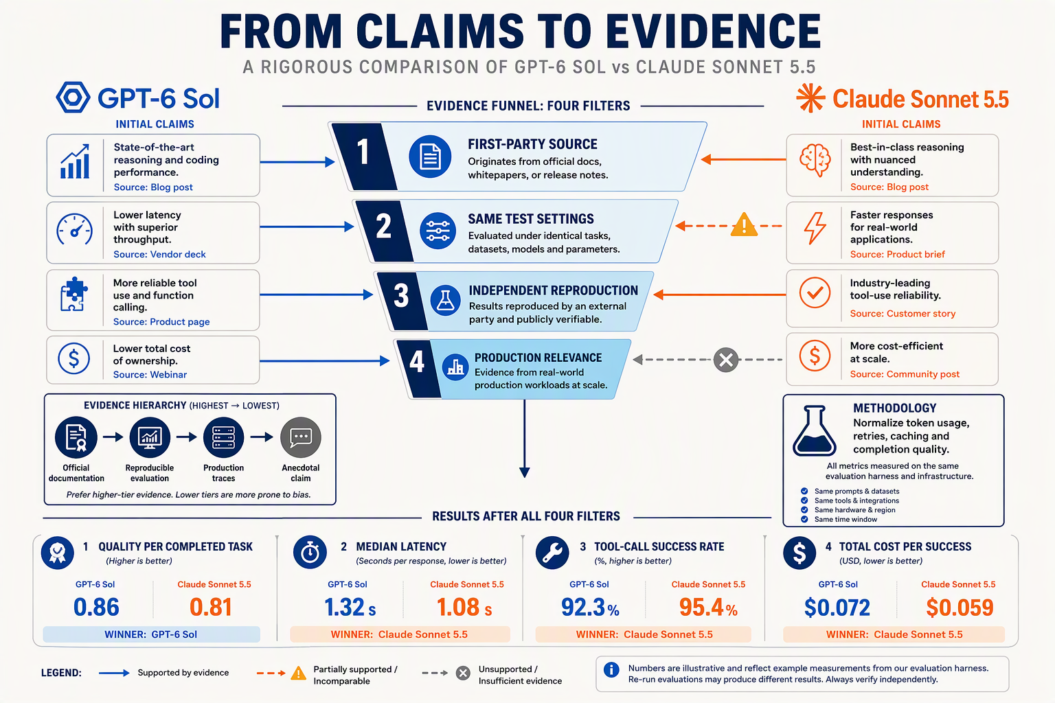 Create a rigorous evidence-funnel infographic comparing GPT-6 Sol and Claude Sonnet 5.5 side by side