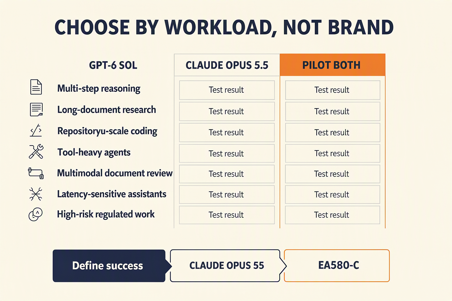 Design a workload decision-matrix infographic titled CHOOSE BY WORKLOAD, NOT BRAND