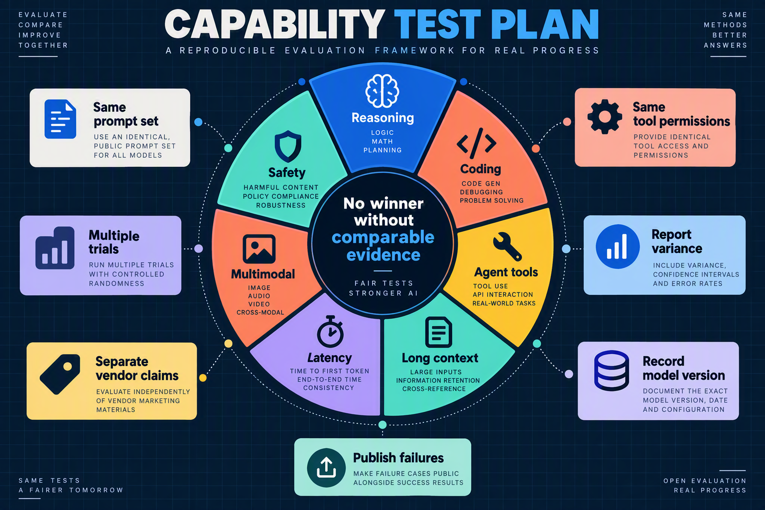 A reproducible evaluation framework drawn as a seven-spoke radial diagram titled CAPABILITY TEST PLAN