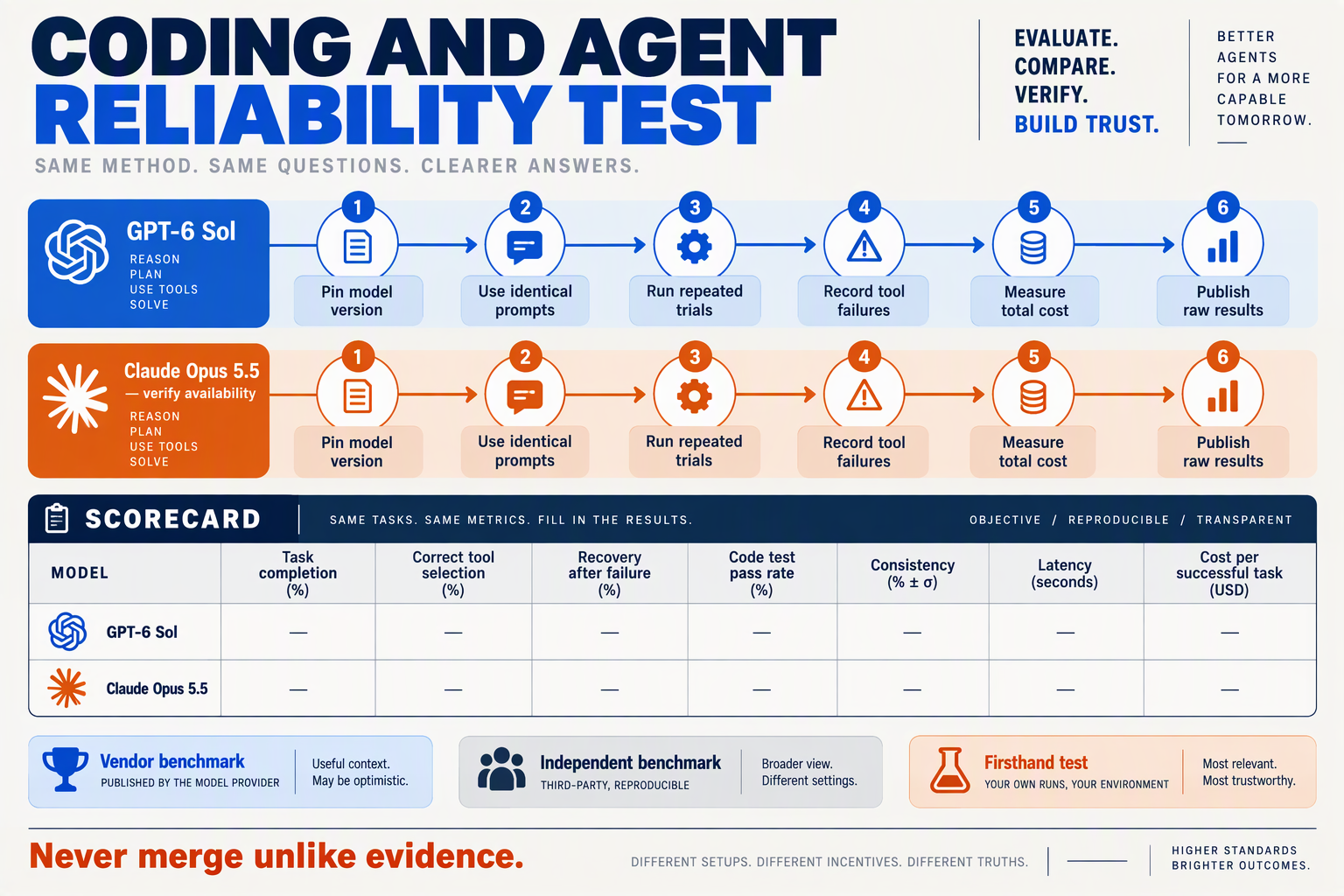 Build a reproducible agent-evaluation diagram titled CODING AND AGENT RELIABILITY TEST with parallel lanes labeled GPT-6 Sol