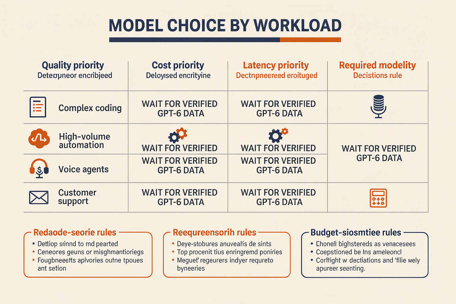 A workload decision matrix titled MODEL CHOICE BY WORKLOAD with rows labeled Complex coding, Deep reasoning, High-volume