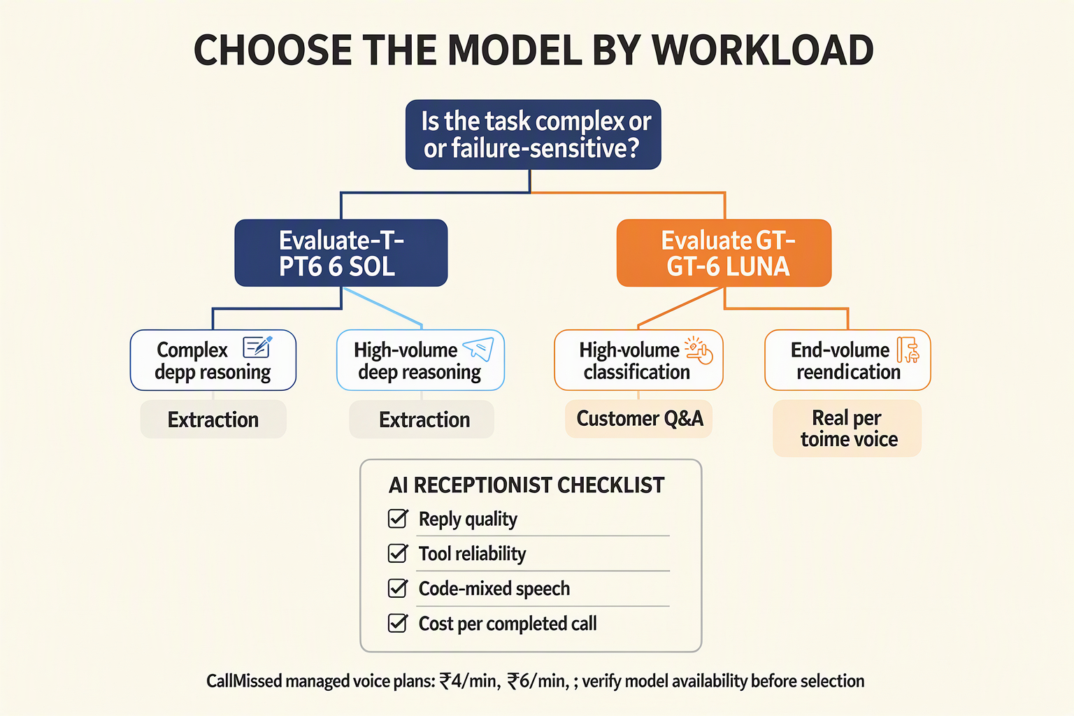 Create a branching decision-tree infographic titled CHOOSE THE MODEL BY WORKLOAD