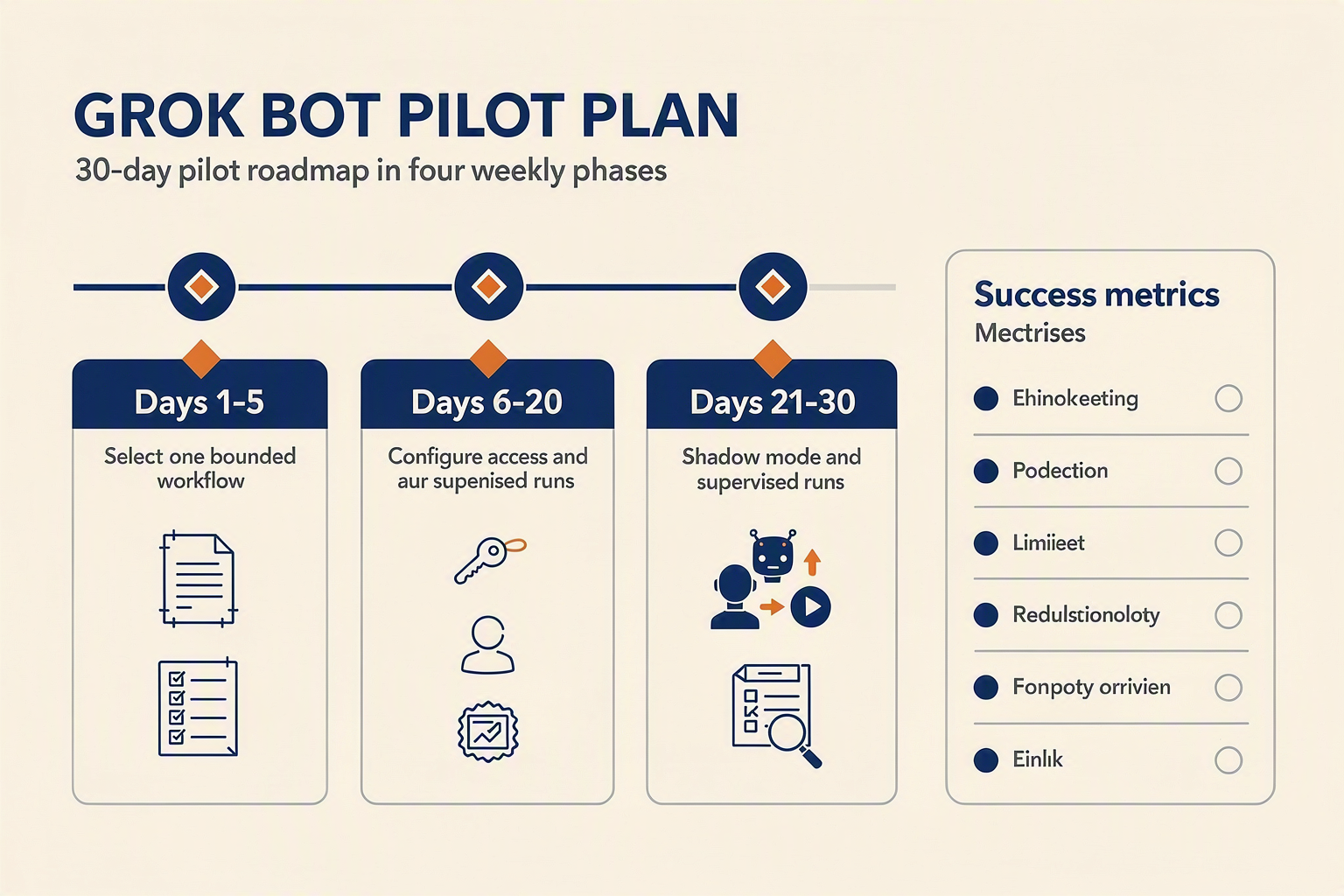 A 30-day pilot roadmap titled GROK BOT PILOT PLAN divided into four weekly phases: Days 1–5: Select one bounded workflow,
