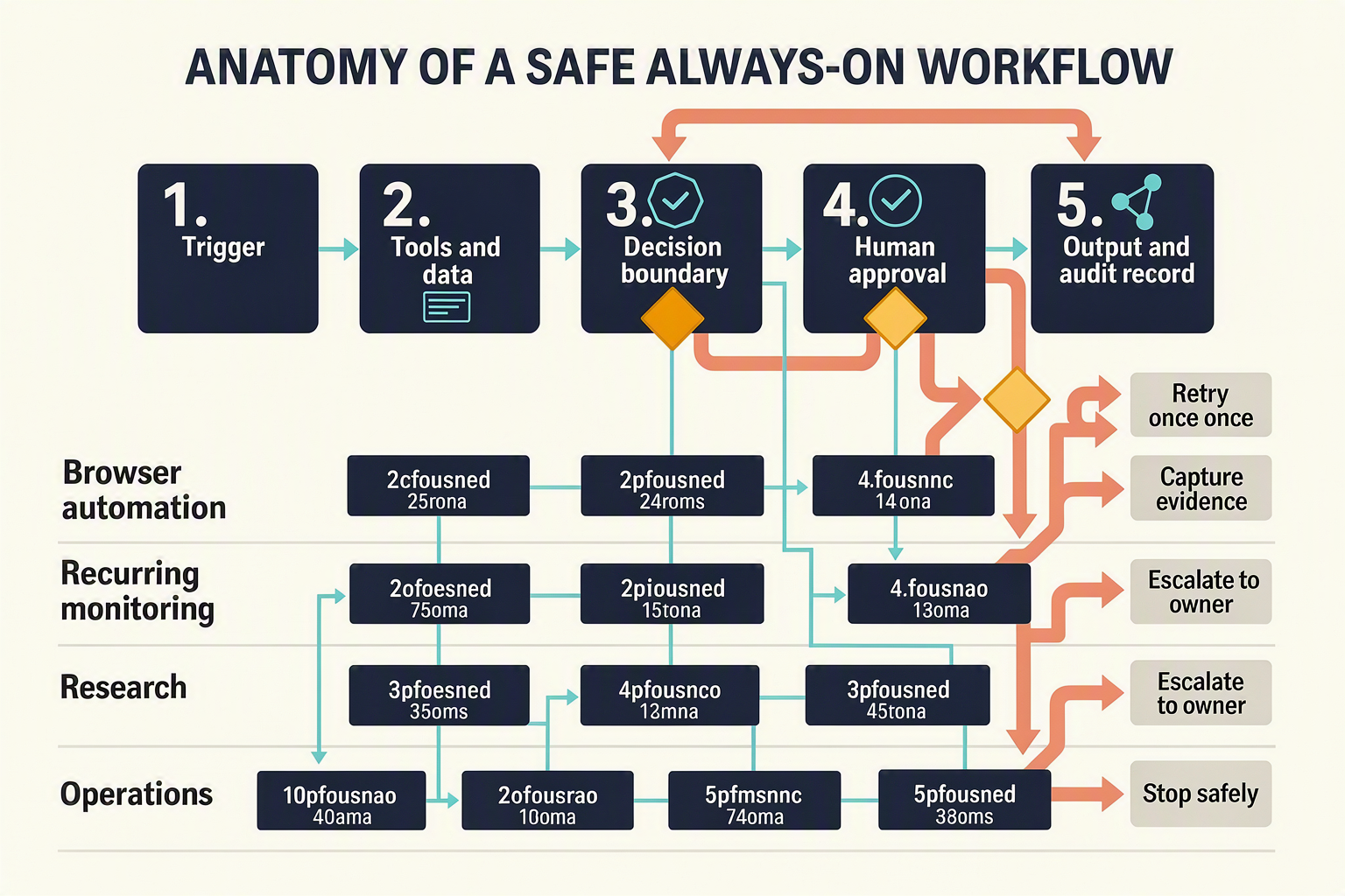A five-lane workflow blueprint titled ANATOMY OF A SAFE ALWAYS-ON WORKFLOW
