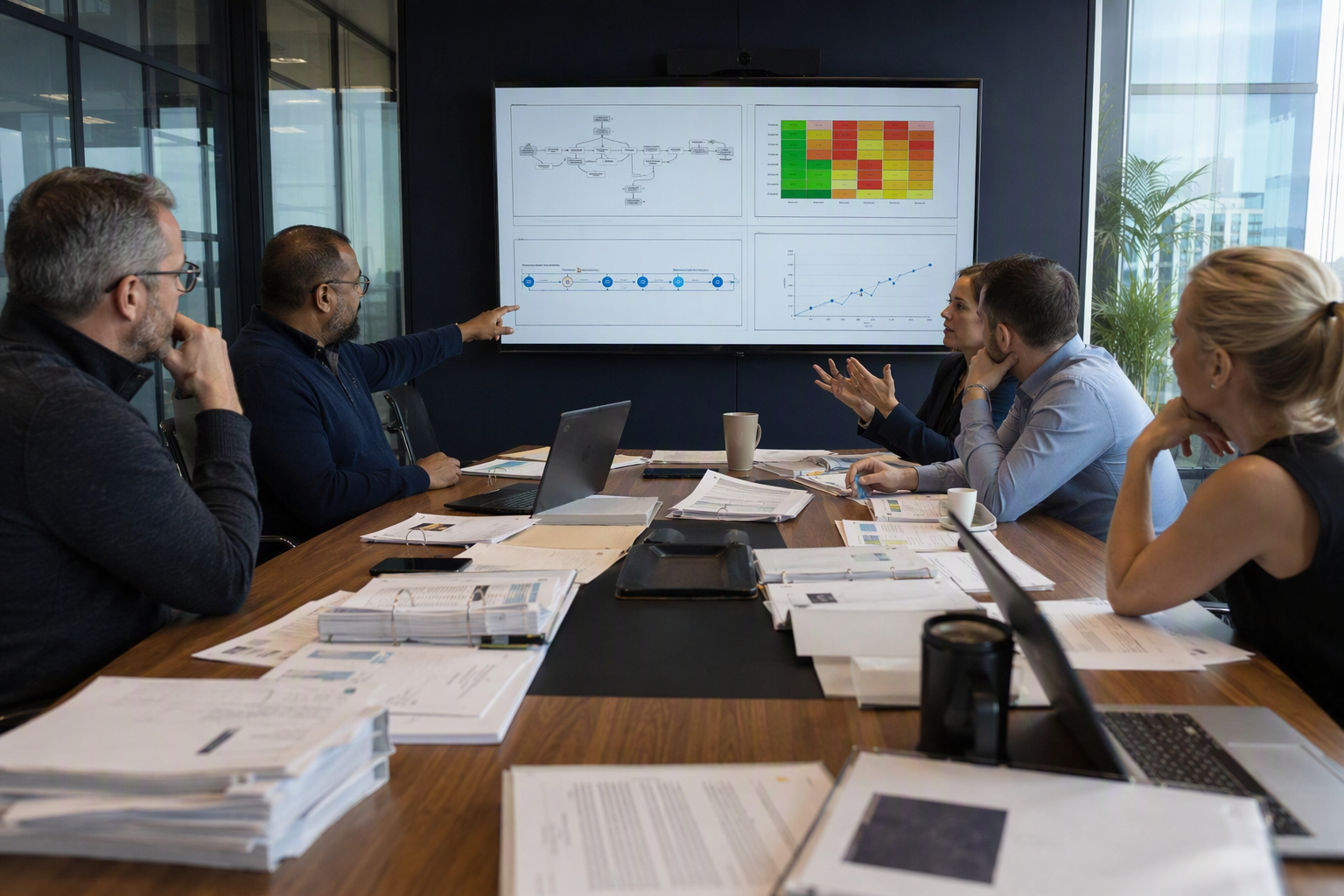 A cross-functional governance workshop in a glass-walled conference room, with an automation architect, security leader,
