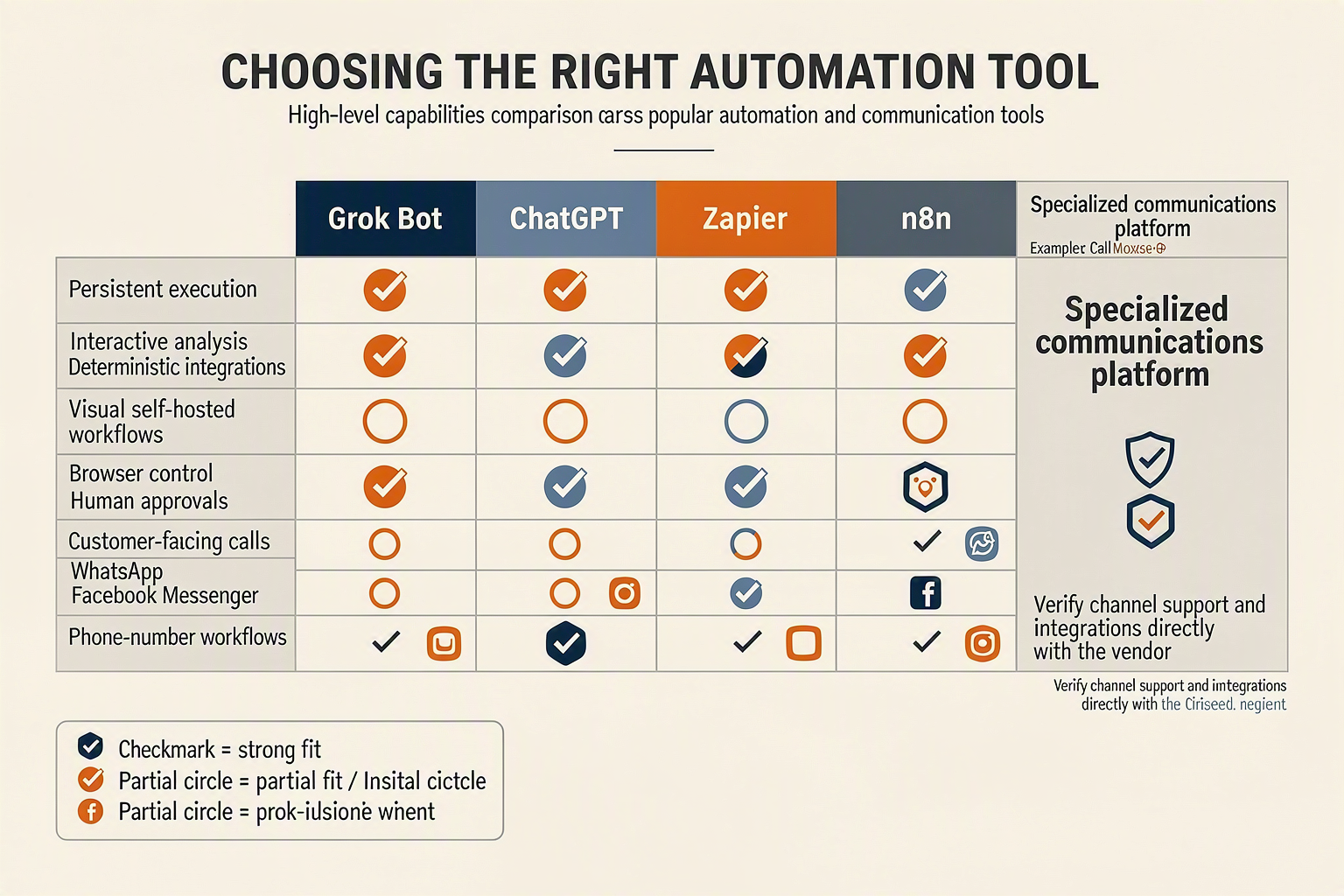 A decision table titled CHOOSING THE RIGHT AUTOMATION TOOL with columns Grok Bot, ChatGPT, Zapier, n8n, and Specialized
