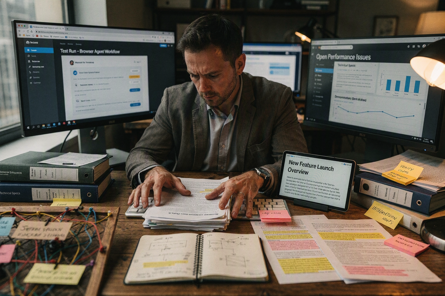 A technology investigator sits at a large evidence desk comparing first-party product documentation, release announcements,