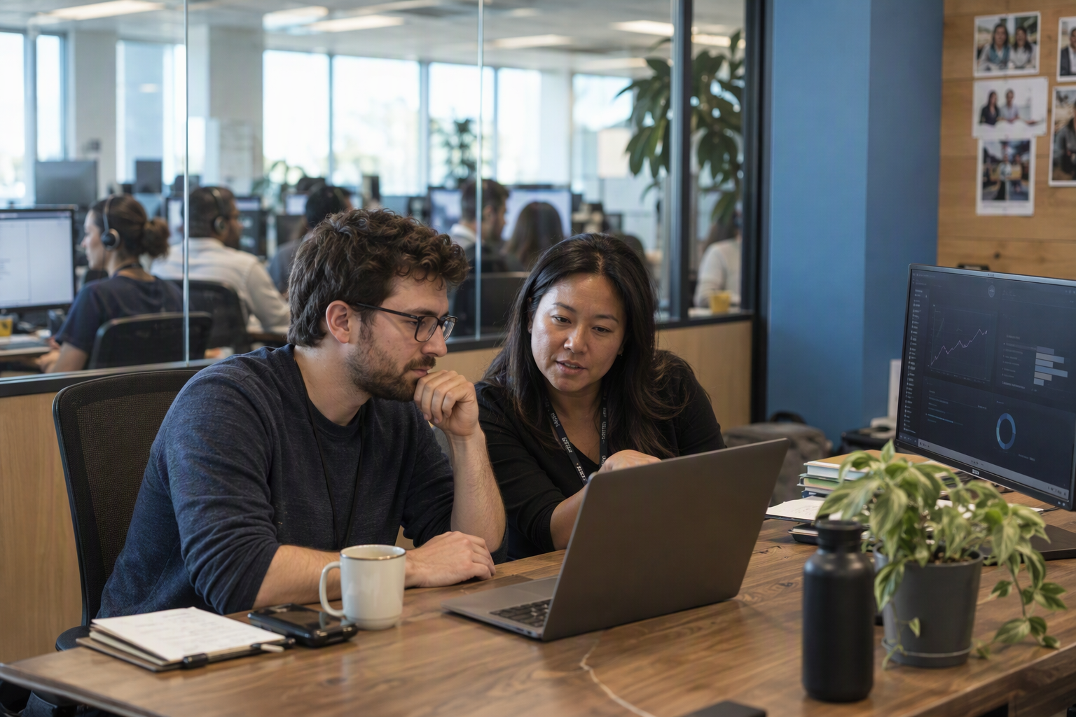An AI support developer sits beside a support team lead in a calm operations room, examining a single anonymized customer