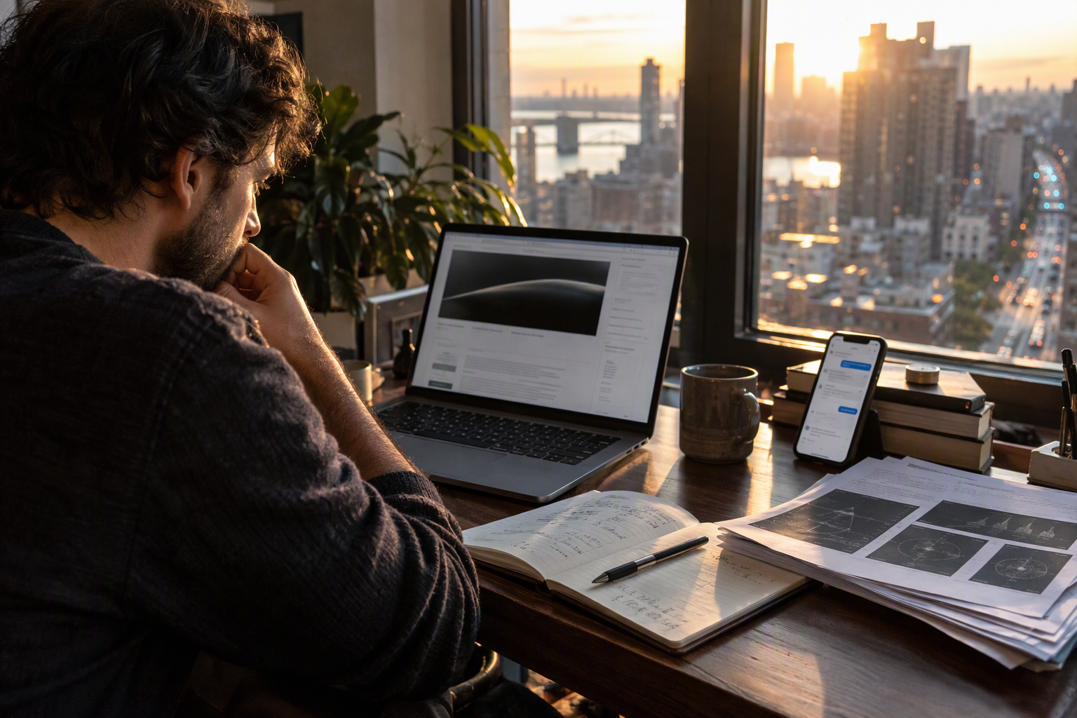 A research desk at early morning, with a developer reading a model release announcement on a laptop beside printed API