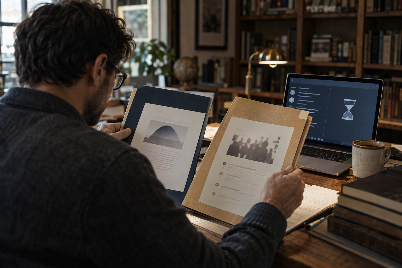 A careful technology editor studies two evidence folders at a desk: one represents the official model announcement and API