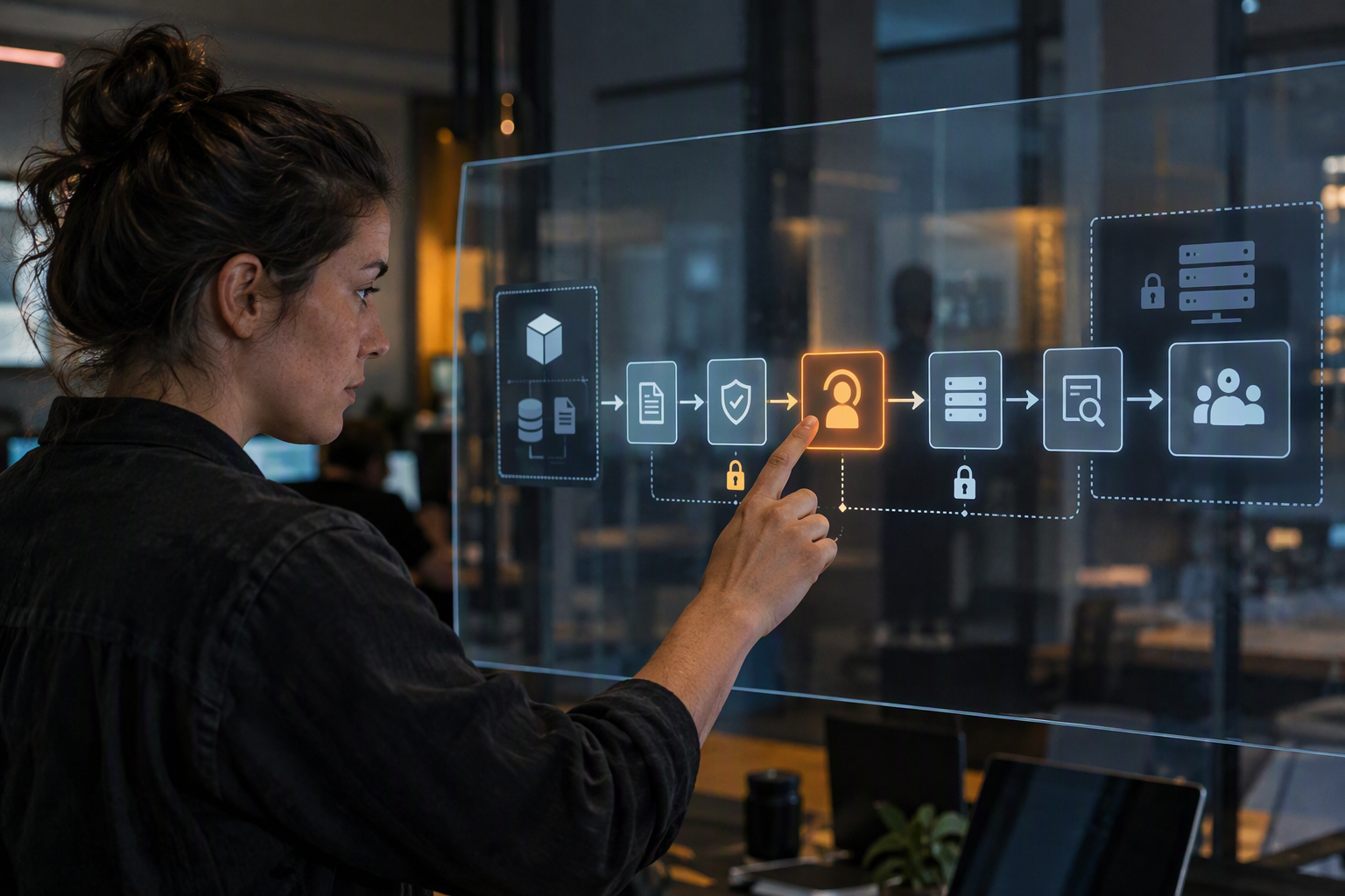 A security engineer reviews an AI support tool-call flow on a transparent glass display, where a model request passes