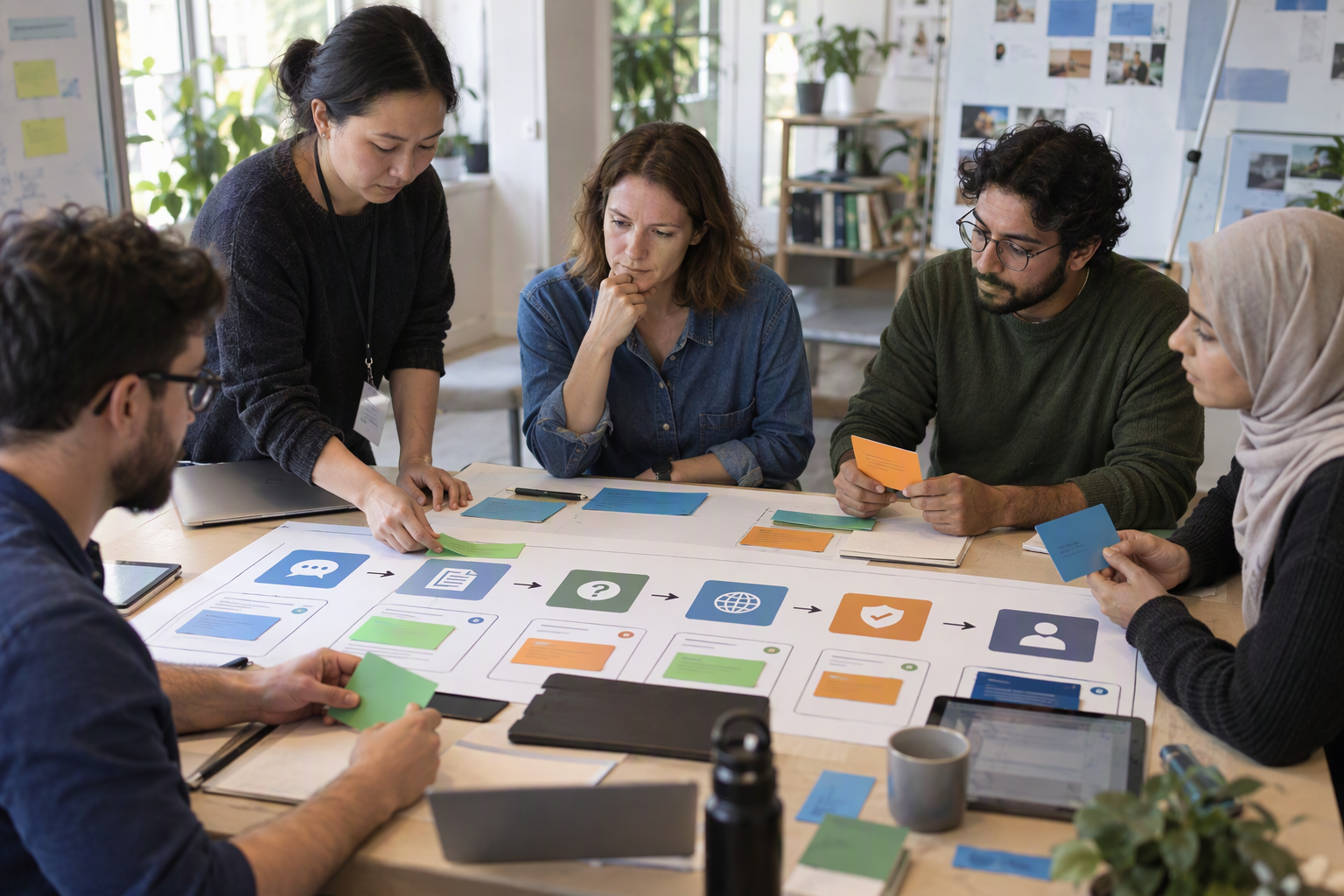 A support-quality evaluation lab is visualized as a large tabletop board divided into distinct test stations: a grounded FAQ