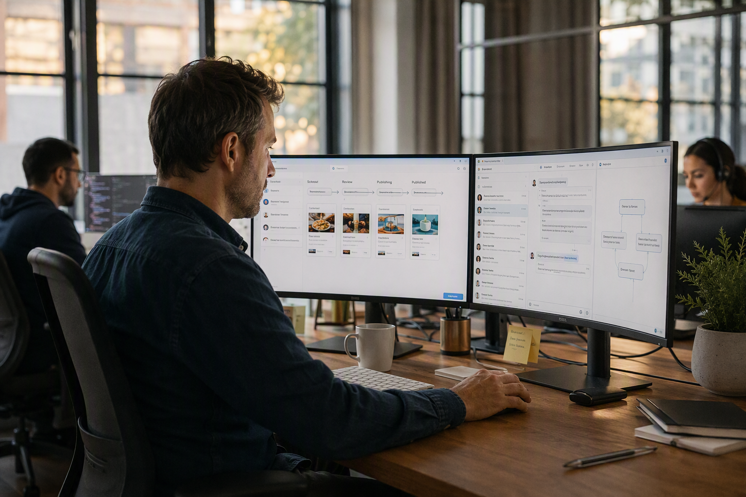 A business owner sits at a bright command desk reviewing two synchronized Instagram workflows on curved displays: scheduled