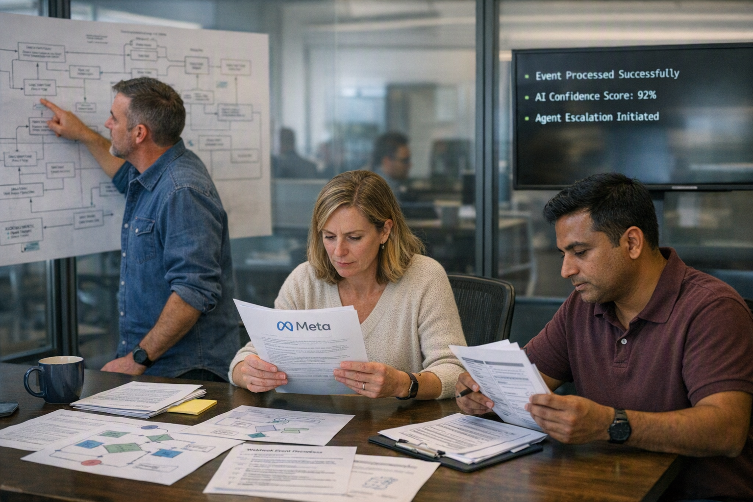 Inside a glass-walled technical review room, a solutions architect points to a large system map while a compliance lead