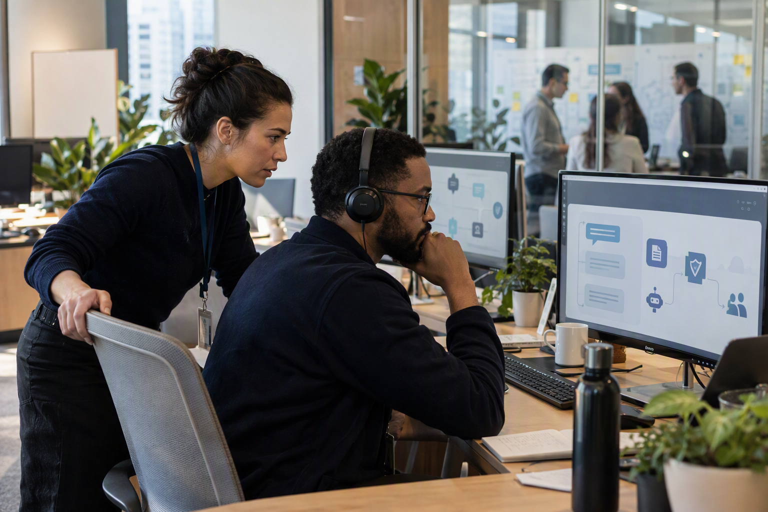 A support team reviews an AI-assisted case on a wide desk in a bright, contemporary customer-service workspace