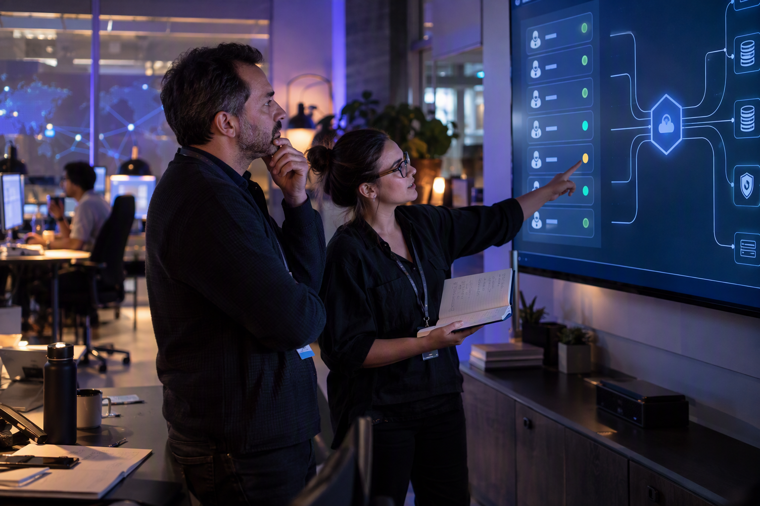 A governance review in a modern technology operations room, where a platform administrator and customer-support leader