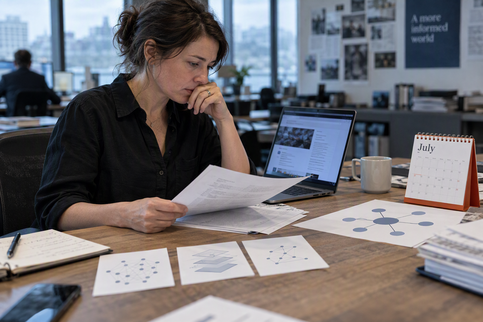 A visual newsroom scene focused on a researcher organizing official technology announcements at a long table, with a laptop