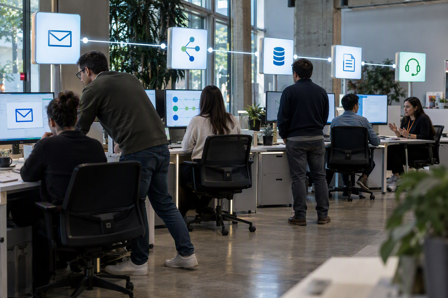 A conceptual support workflow unfolds across a bright operations floor: a customer message enters at one side, passes