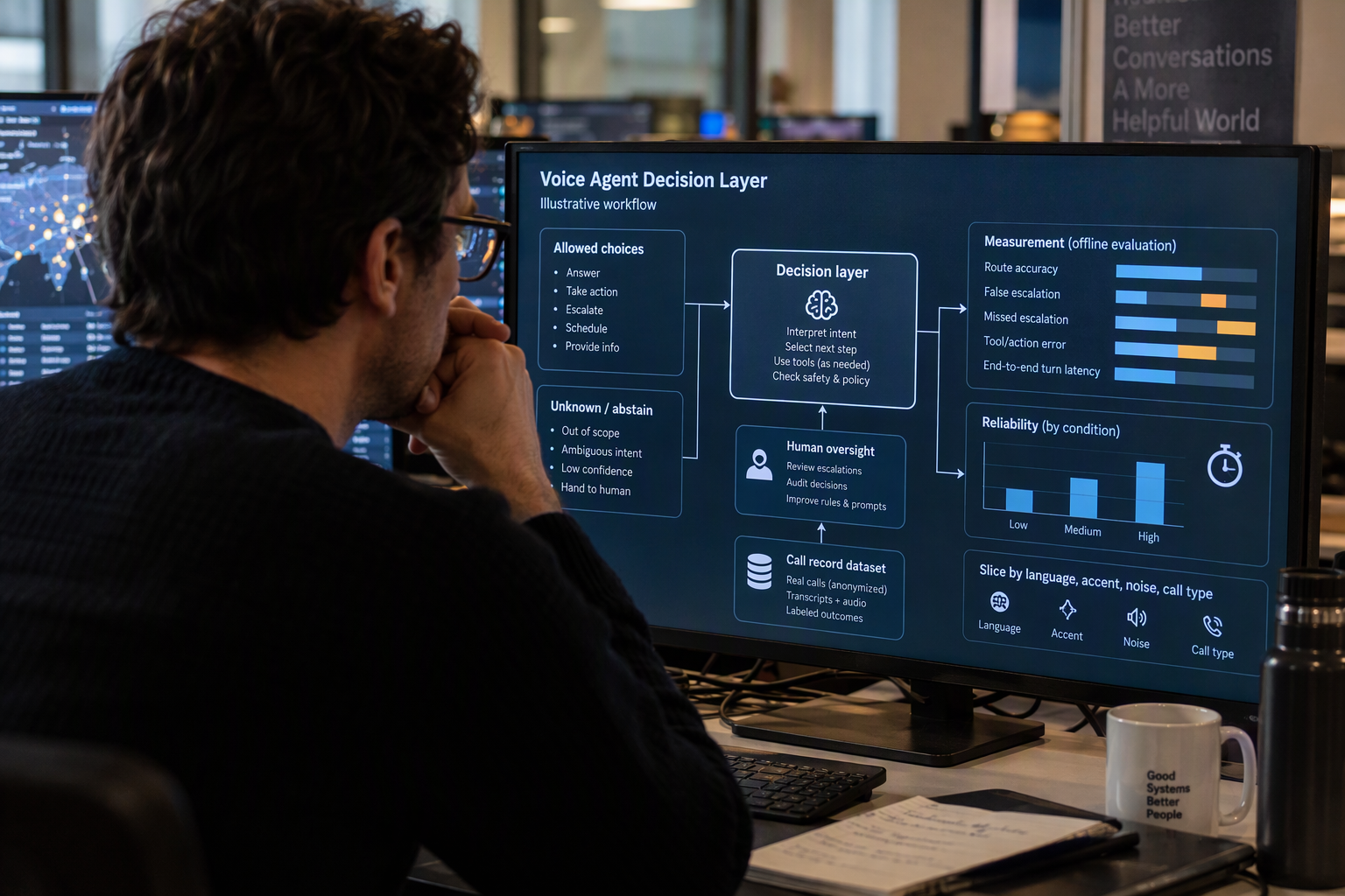 Create a safety-and-evaluation infographic styled as a control-room dashboard rather than a generic checklist