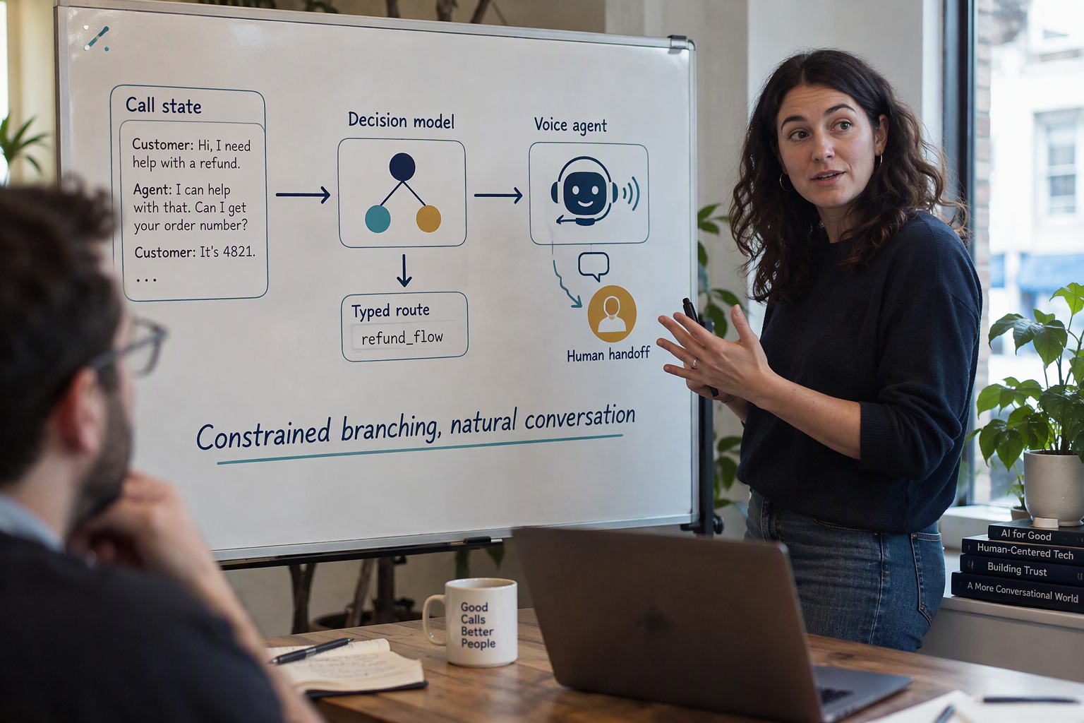 Create an editorial infographic showing a bounded decision model sitting beside, not replacing, a conversational voice agent