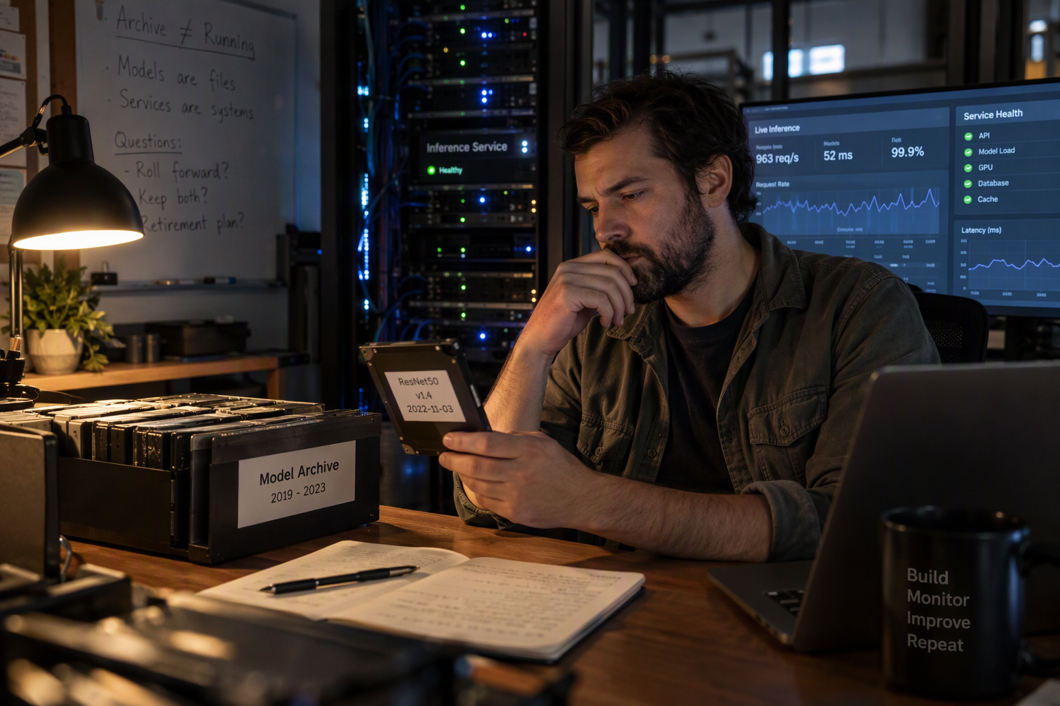 An editorial scene of a production engineer comparing a preserved model archive with an active inference dashboard in a