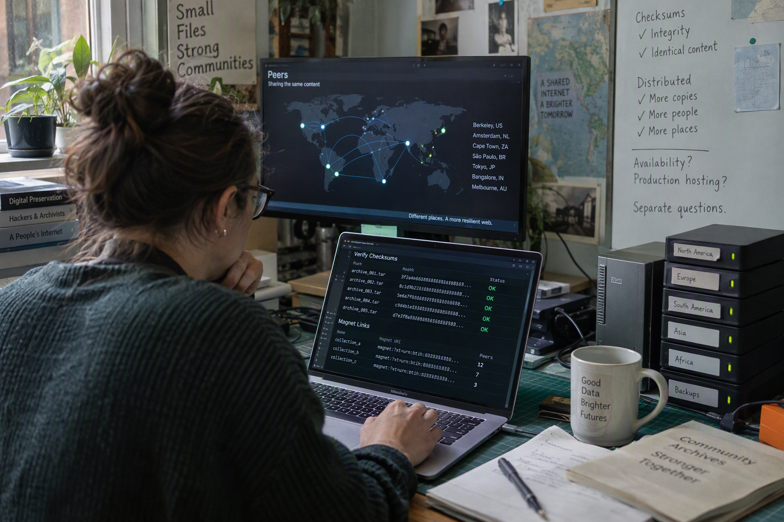A close editorial view of an open-model preservation workspace, with a technician inspecting magnet-link entries and
