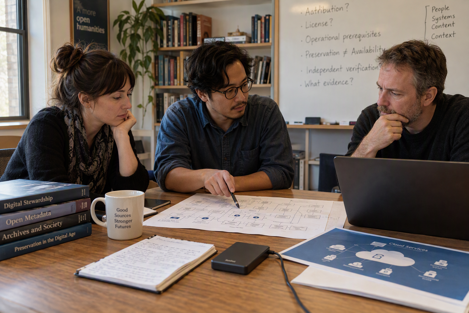 A thoughtful roundtable in a university-style seminar room, with an open-model archivist, an application engineer, and a